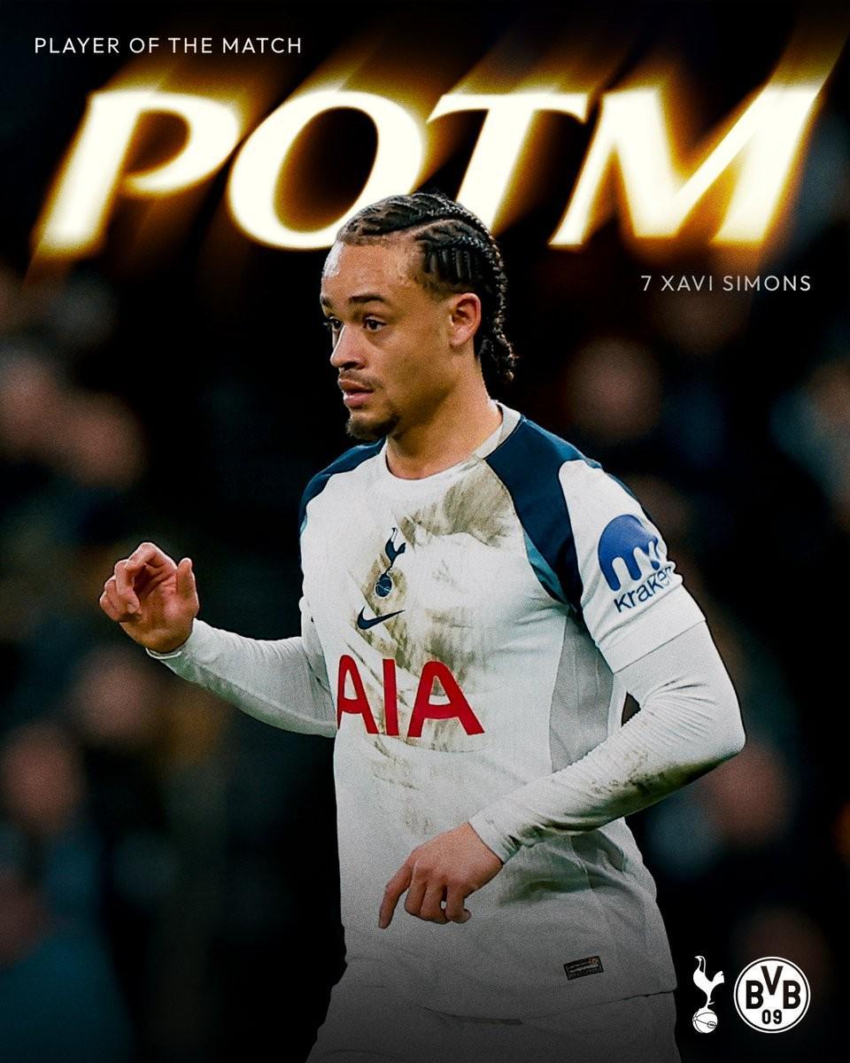 球速体育官方入口-热刺官方：哈维-西蒙斯当选与多特一役队内最佳球员